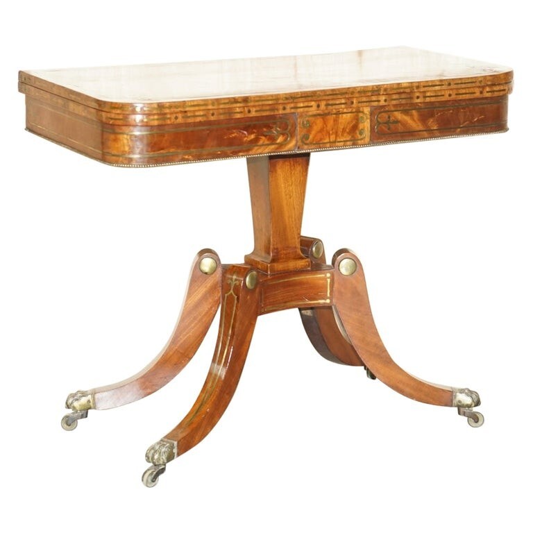 RESTORED ANTIQUE REGENCY CIRCA 1815 MAHOGANY & BRASS INLAID CARD GAMES TABLE
