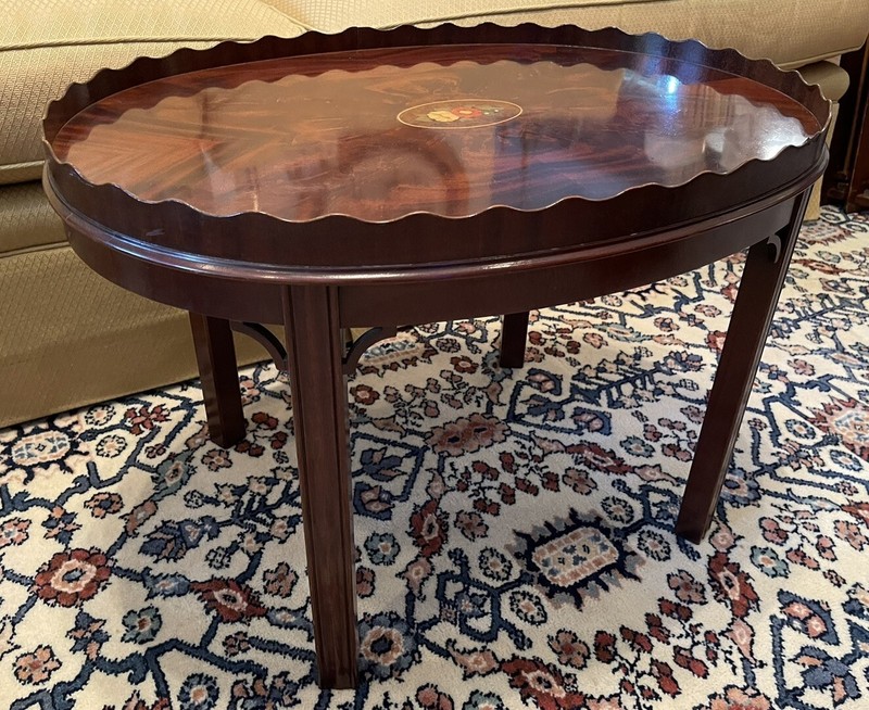 Council Craftsmen Mahogany Inlaid Oval Coffee Table With Scalloped Gallery gallery