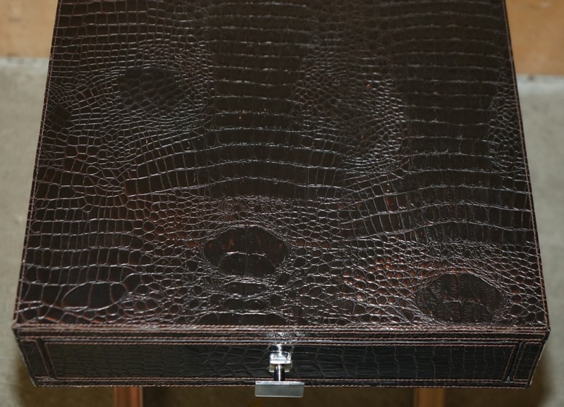 ANDREW MARTIN STYLE PAIR CHROME CROCODILE ALLIGATOR LEATHER PATINA SIDE TABLES gallery