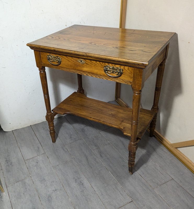 Antique Victorian Rustic Oak Wood 2-Tier 1-Drawer Parlor Table
