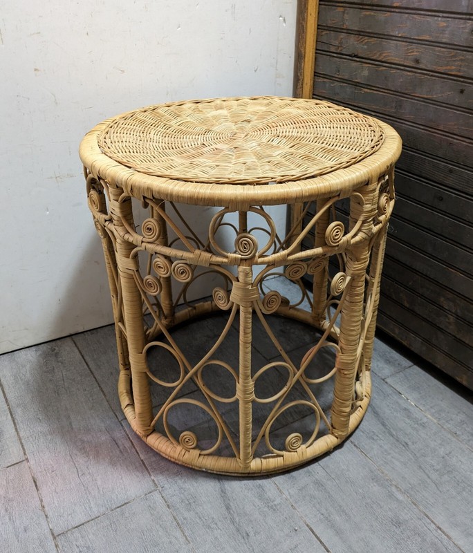 Vintage Boho Chic Wicker Rattan Peacock Spiral Round Drum Table Plant Stand gallery