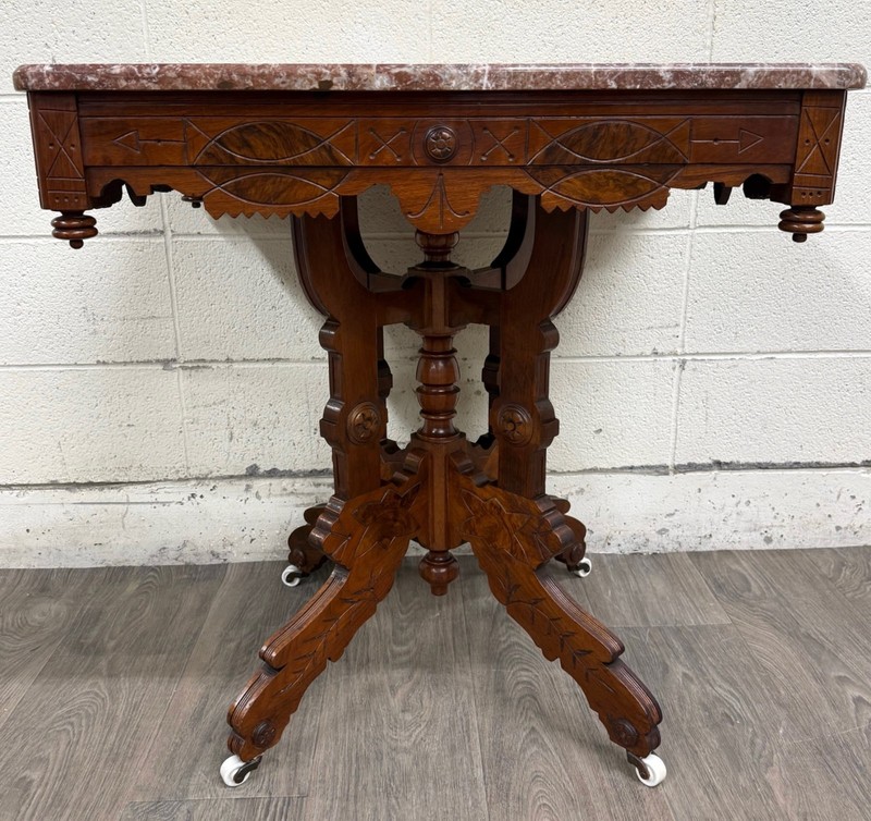 Antique Victorian Eastlake Marble Top Walnut Parlor Table