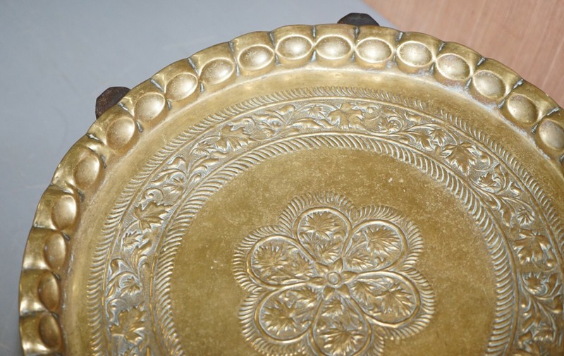 VERY RARE CIRCA 1920-1940 PERSIAN MOROCCAN BRASS TOPPED FOLDING OCCASIONAL TABLE gallery