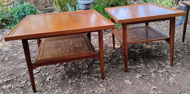 Vintage Drexel Declaration Mid Century Modern 2-Tier Walnut & Cane Tables MCM gallery