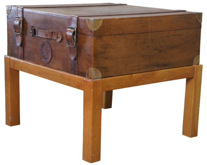 1994 Leather Steamer Trunk Coffee Side Table on Pine Stand Side Accent 25" gallery