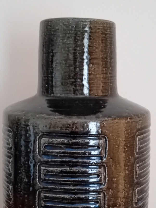 VINTAGE LARGE PALSHUS CHAMOTTE GREEN VASE BY PER LINNEMANN - SCHMIDT - MINT gallery
