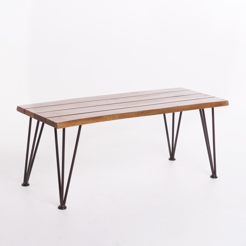 Outdoor Coffee Table Acacia Wood Teak Finish Iron Legs For Patio Yard Decor NEW gallery