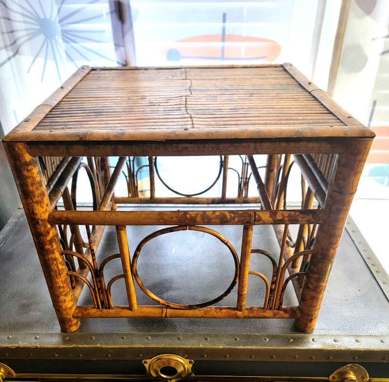 Antique Mid Century Art Nouveau Tortoise Burnt Bamboo Rattan End Table Stand