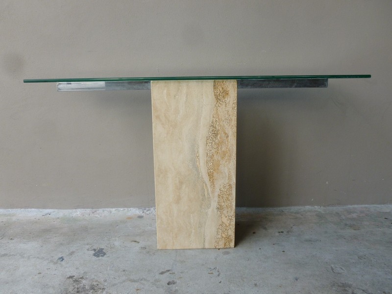 IMPOSING 1970'S ARCHITECTURAL TRAVERTINE MARBLE CONSOLE WITH GLASS TOP gallery
