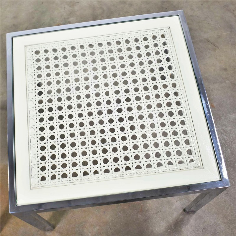 Pr Chrome & White Cane Square Side Tables Glass Top Mid Century Modern to Modern gallery