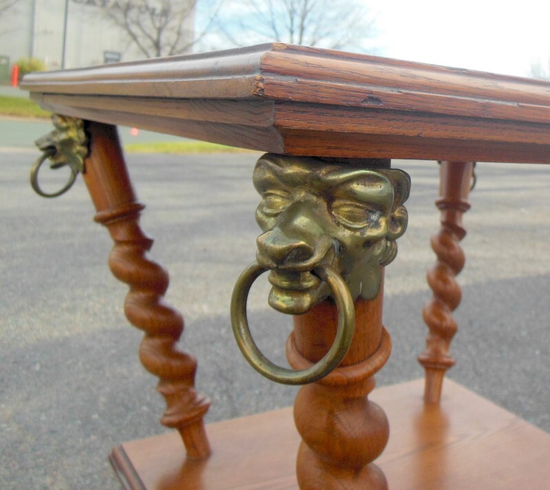 Antique Merklen Bros NY Oak PARLOR TABLE Barley Twist Brass LION Claw Feet gallery