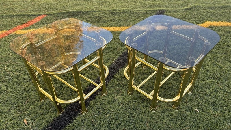 Pair Rare Brutalist Milo Baughman Style Brass & Glass Side End Tables Nightstand