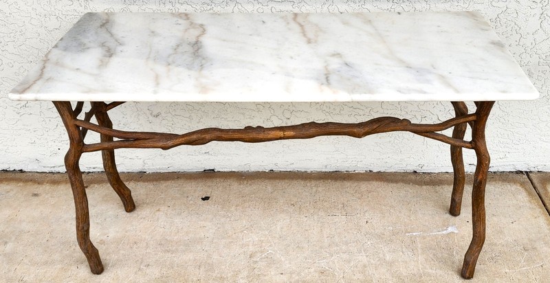 Vintage French Rustic Metal & Marble Faux Bois Branch Console Sofa Table gallery
