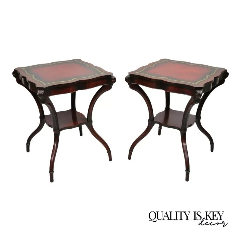 Vintage French Regency Style Red Leather Top Mahogany Lamp End Tables – a Pair