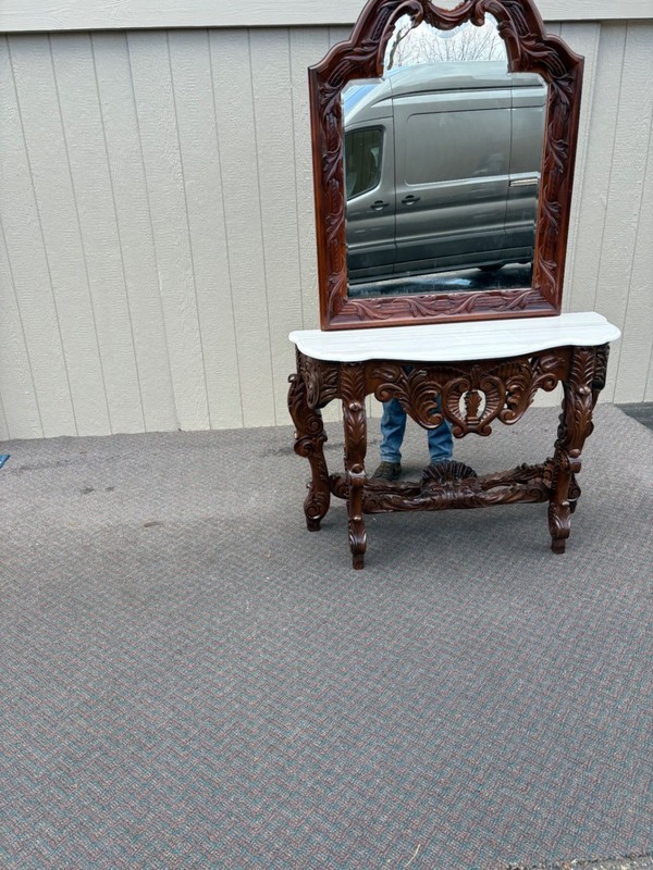 67574 Louis XV Style Marble Top Console Table with Ornate Mirror gallery