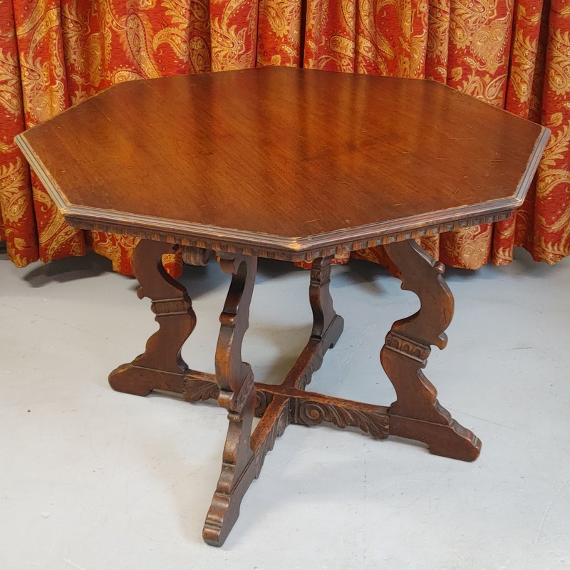 Antique Octagon Wood Center Table Carved Walnut Jacobean Renaissance Card Game gallery
