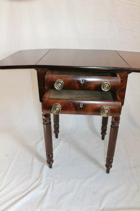 Great 19th C. American Walnut Drop Leaf Side End Pembroke Table with Two Drawers gallery