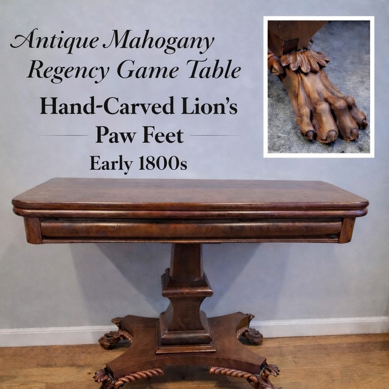 Early 19th-Century Mahogany Regency Game Table Hand Carved Lion’s Paw Feet
