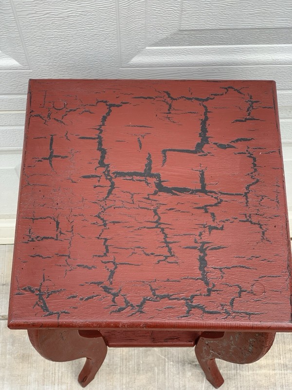 Vintage Red Distressed Crackle Paint Accent Side Table w/Curved Legs Plant Stand gallery
