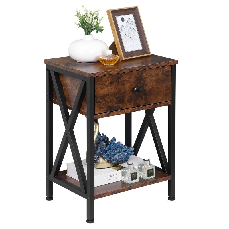 Set of 2 End Tables X-Design Metal Frame Sofa Side Tables for Bedroom Home Brown gallery