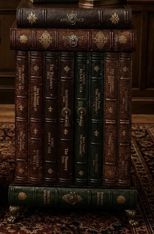 Regency Style Leather Faux Book Stack Pair Side Tables Cabinet 3 Drawer 2 Doors gallery