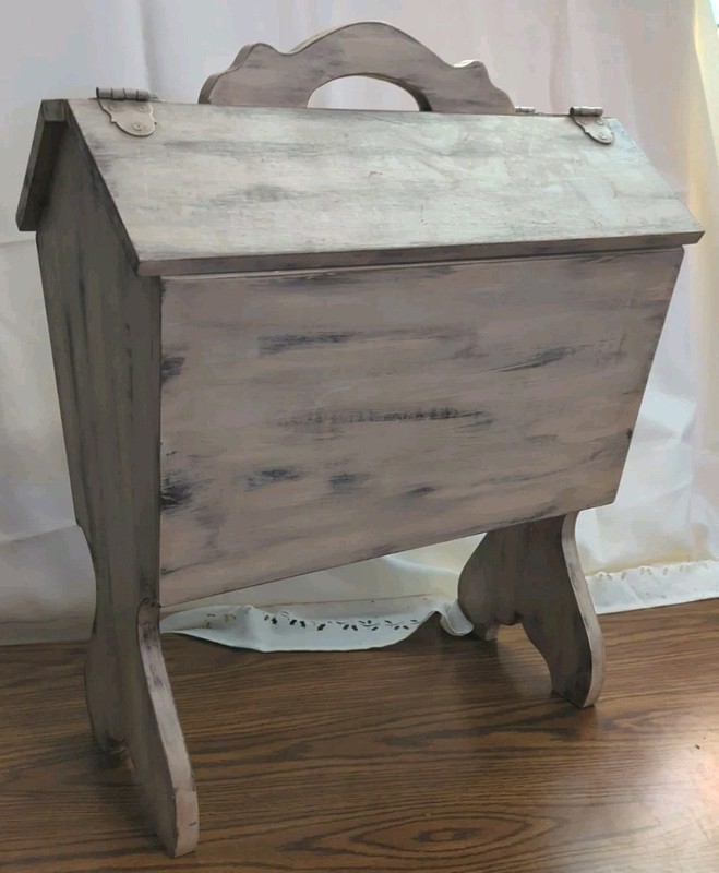 Vtg Wood Side Table Sewing Storage Box Cabinet Hinged Lid Tray Painted Farmhouse
