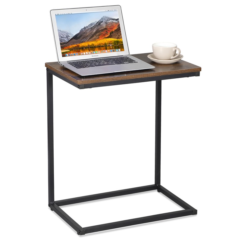 C Shaped End Table Under Sofa Tray for Snack Laptop TV Dinner Rustic Brown Black
