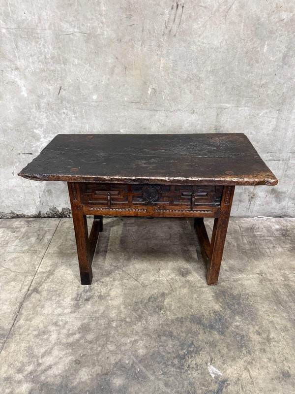 18th C. Spanish Beautifully Rustic Carved-Wood Trestle-Leg Table with Drawer gallery