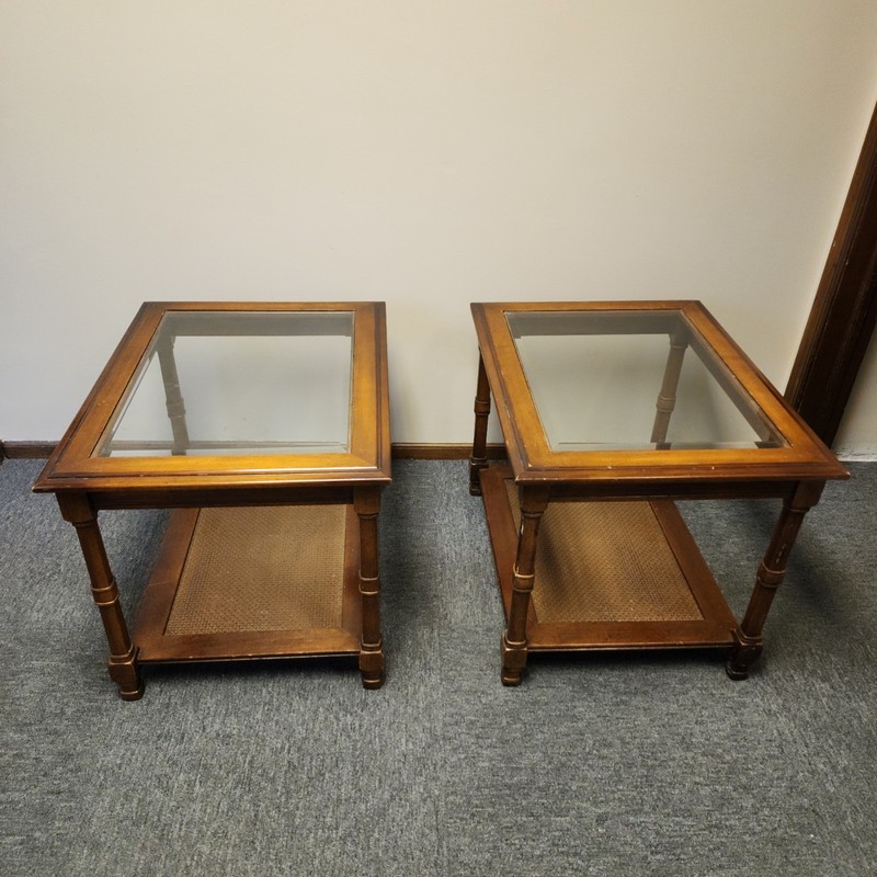 Vintage Vintage Rattan Cane Bottoms Glass Top End Side Tables, Thomasville?