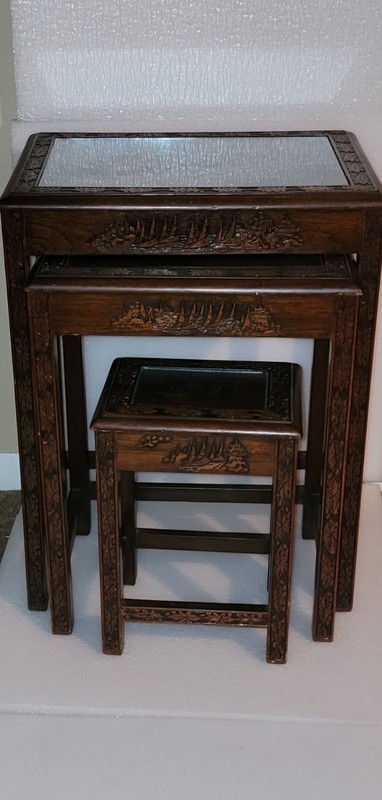 VINTAGE ASIAN HANDCARVED WOODEN S 3 NESTING TABLES 25x20x14 22x17x13 16x11x9