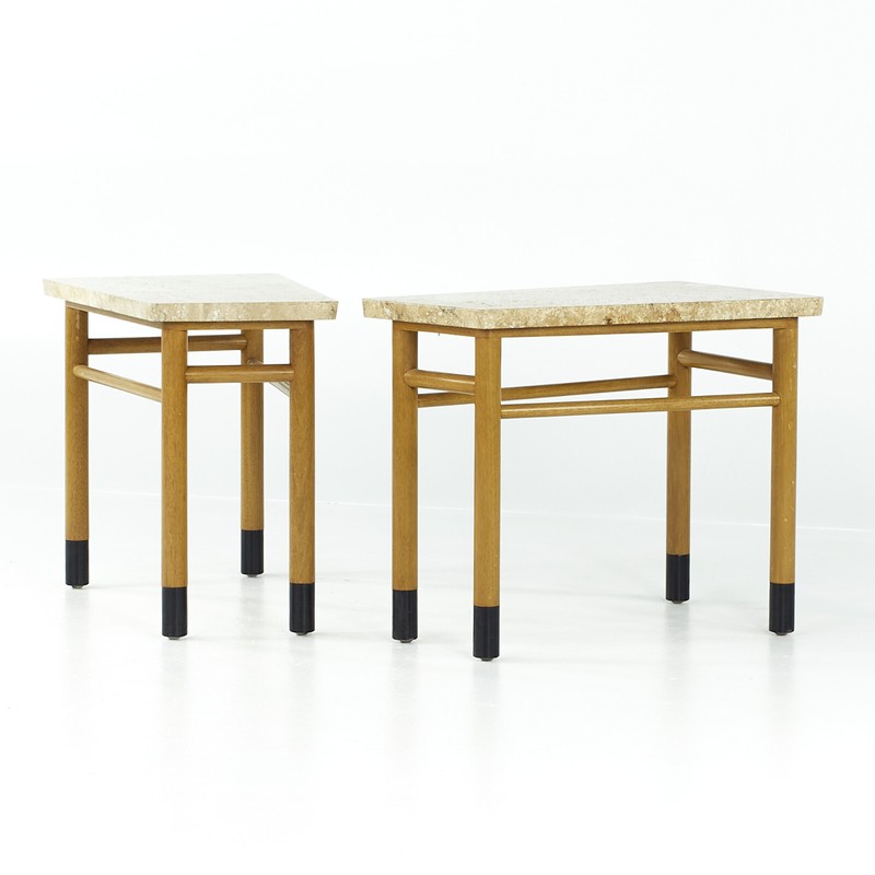 Edward Wormley for Dunbar Mid Century Travertine Wedge Tables - Pair gallery