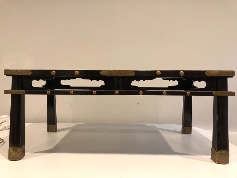 Asian Black Coffee Table with Brass Accents- 39 1/2" x 19 3/4" x 16" high gallery
