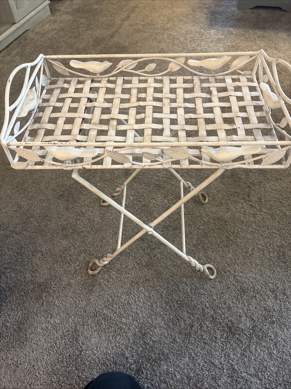 VTG Fold Up Wrought Iron Patio Side Table Garden Plant Stand airy lattice Top gallery
