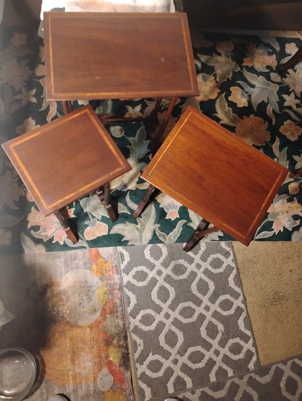 Antique Mahogany Inlaid Wood 3 Nesting Tables Orig Finish Lg Table 24"T 16"L 11" gallery