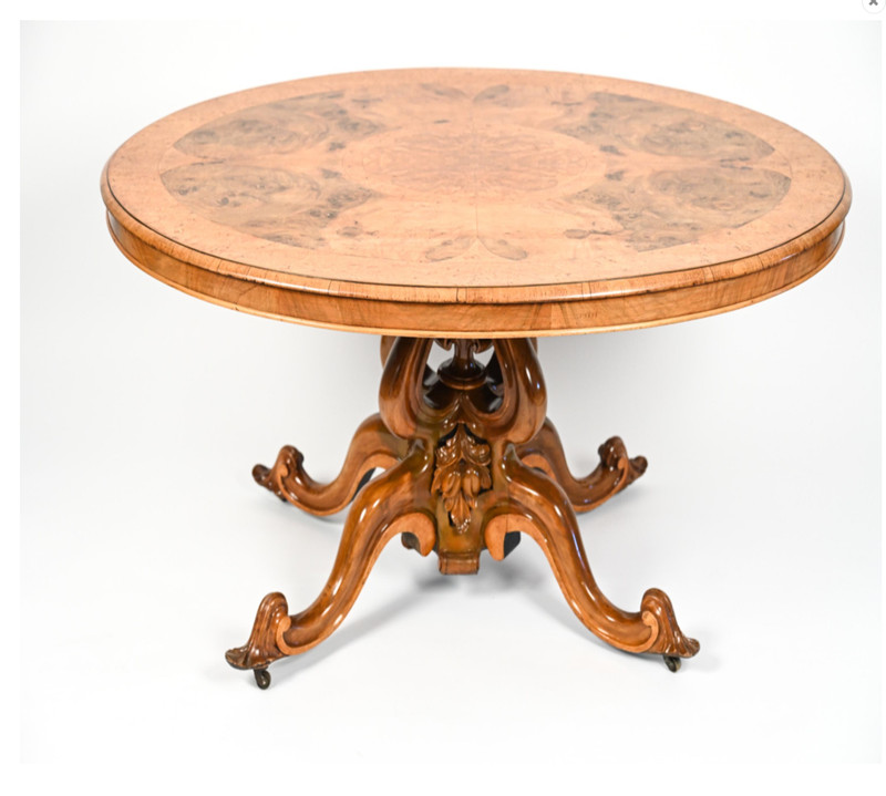 19th Century Oval Burlwood Breakfast Dining or Center Hall Table