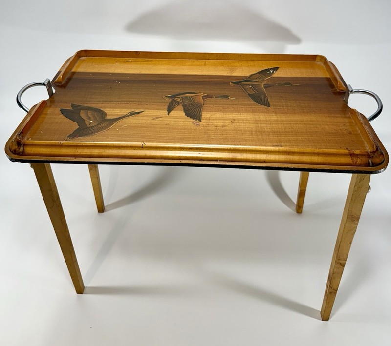 Antique Wood Folding Hunt Table/Tray Ducks Flying Raised Design