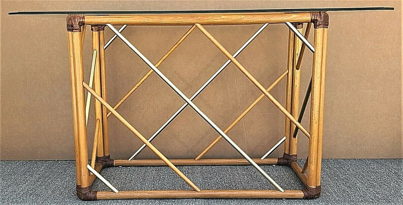 Vintage MCM Bamboo Rattan Brass & Glass Console Sofa Entryway Table gallery