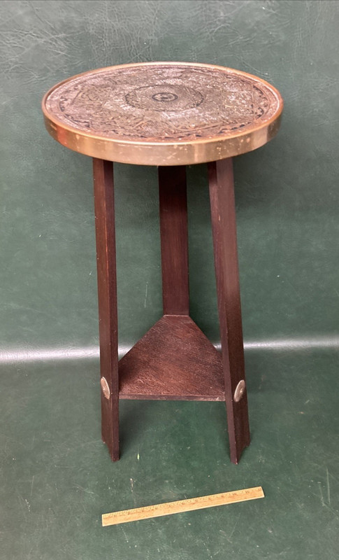 Rare Persion / Islamic Calligraphy Brass Top Arts & Crafts Oak Stand