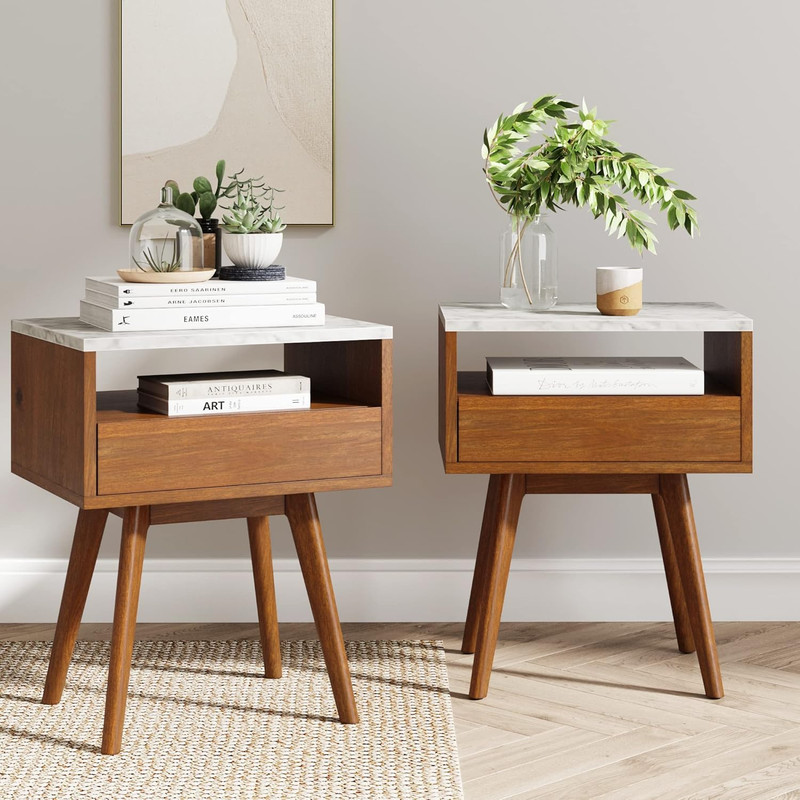 Set of 2 Mid-Century Faux Marble Accent Tables with Walnut Finish and Storage