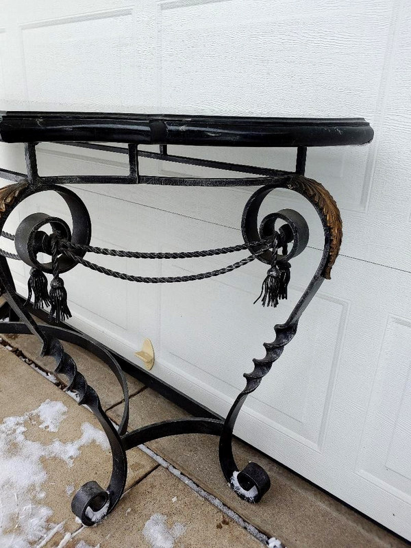 FANTASTIC MAITLAND SMITH BLACK MARBLE 53" CONSOLE TABLE, WROUGHT IRON & BRONZE. gallery