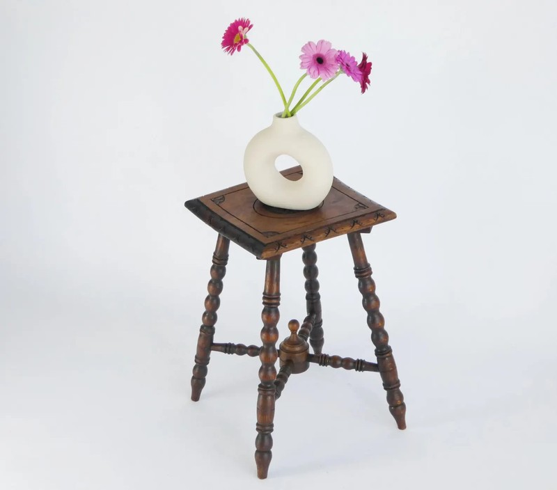Antique Small Bobbin Wooden Stool, Carved Side Table with Flower, Barley Twist
