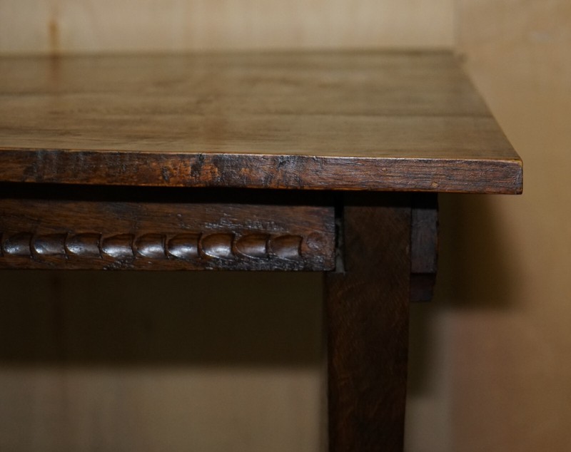 VINTAGE HAND CARVED CIRCA 1950'S TRESTLE DINING TABLE ENGLISH OAK JACOBEAN STYLE gallery