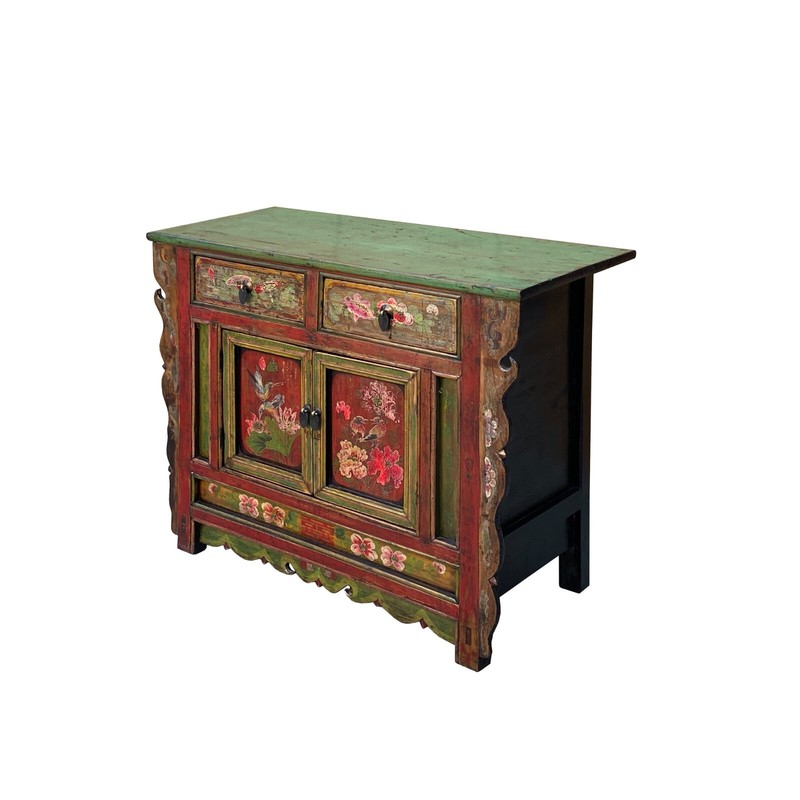 Chinese Distressed Red Green Flower Sideboard Credenza Cabinet cs7825 gallery