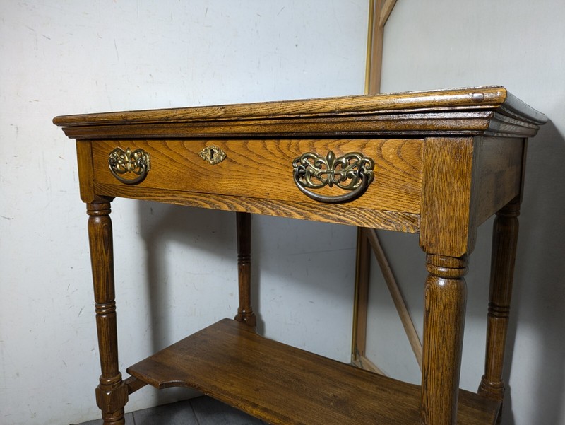 Antique Victorian Rustic Oak Wood 2-Tier 1-Drawer Parlor Table gallery