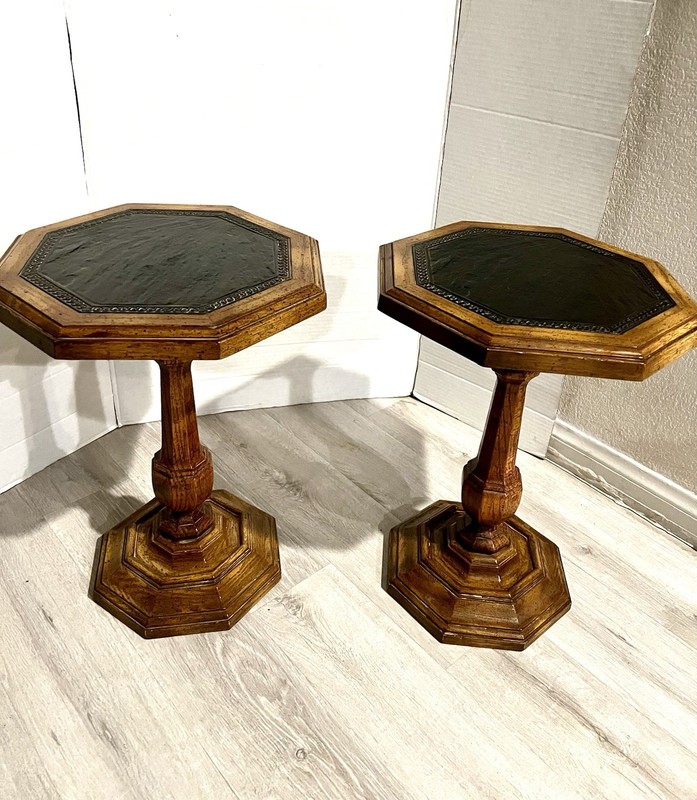 Two Vintage Octagon End Tables With Leather Top
