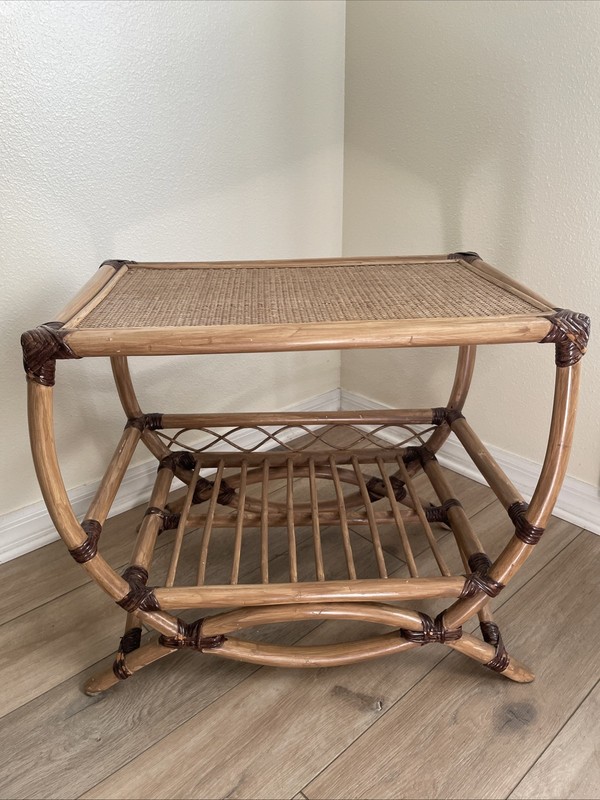 Vintage Coastal Boho French Country Bamboo Rattan Cane 2 Tier Table/Center Piece
