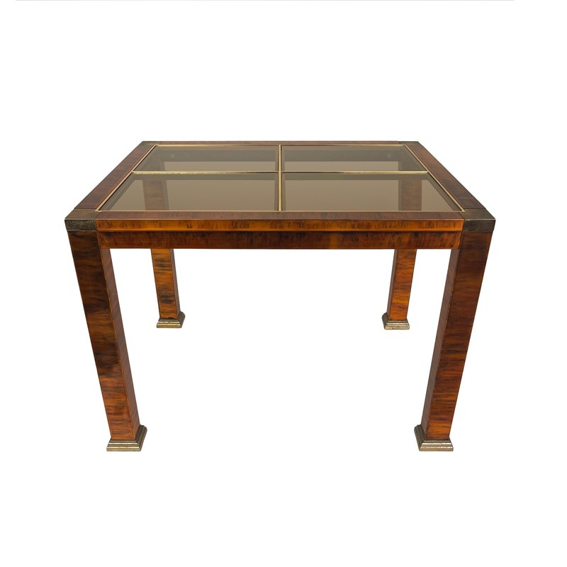 Vintage Mastercraft Style Faux Flamed Burl Copper Brass Smoked Glass Side Table