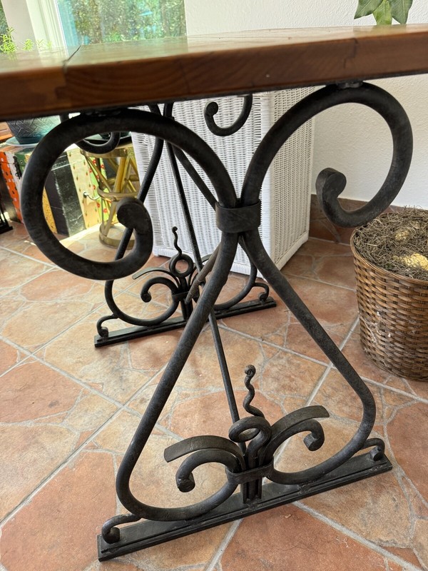 Rare HENREDON SOLID Thick WROUGHT IRON BASE in Art Deco style w/Wooden table top gallery