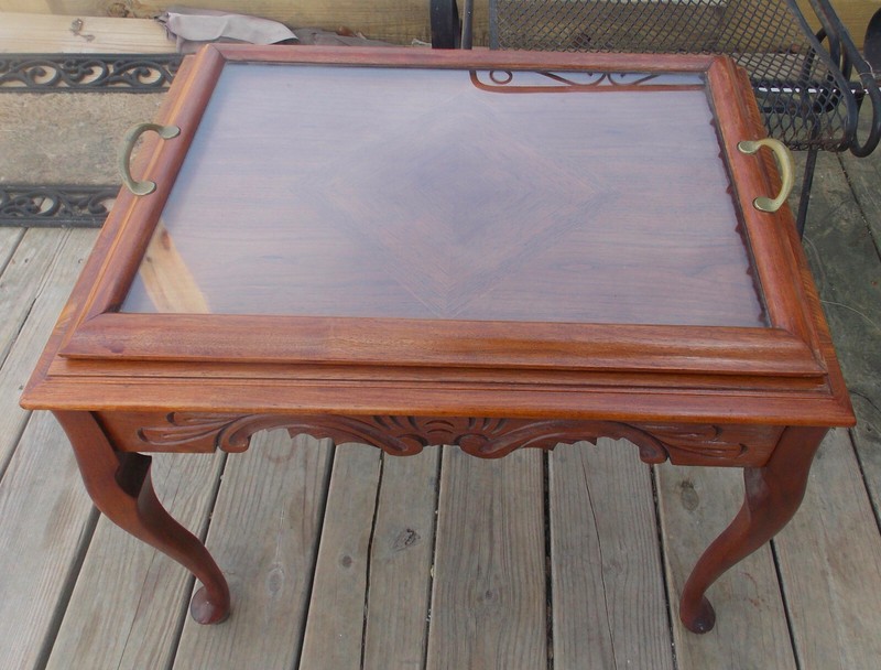 Carved Walnut Coffee Table with Glass Serving Tray (RP-CT-155)