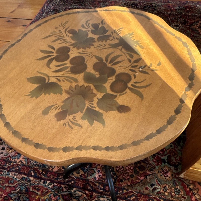 Hitchcock Antique Hand Painted Wood Round Accent Table Floral Tripod Base gallery
